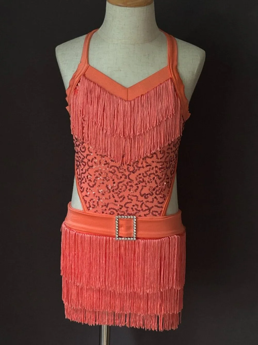 Weissman Coral Sequin Halter Fringe Dance Dress Rhinestone Belt Jazz Tap IC
